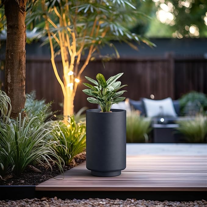 Kante 20.1 Inch Tall Concrete Planter, Round Pedestal Design Garden Pot for Indoor Outdoor Plants, Modern Garden Pot with Drainage Hole, Charcoal Finish with Painted Interior