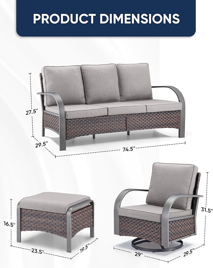 HUMMUH Outdoor Patio Furniture Sets-Wicker Patio Furniture Couch and Swivel Rocker Chairs Conversation Set for Deck Porch Garden Poolside Backyard-Brown/Grey