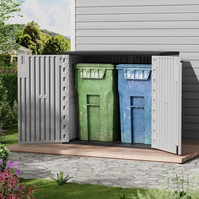 ZZM 37 Cu.ft Outdoor Storage Shed Double-Wall HDPE Storage Cabinet, Waterproof Plastic Sheds with Floor Horizontal Lockable Garden Tools Trash Can, Lawn Mower, Bike Storage, Gray - Image 6