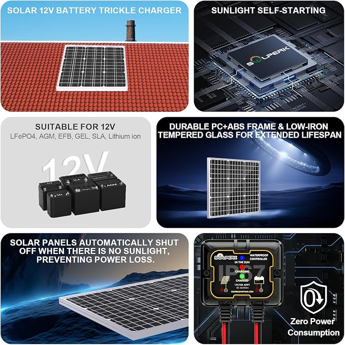 SOLPERK Solar Panel Kit 50W 12V, Waterproof Solar Battery Trickle Charger Maintainer + Smart MPPT Controller + Adjustable Mount Bracket for Boat Car RV Motorcycle(Without Mounting Bracket) - Image 2