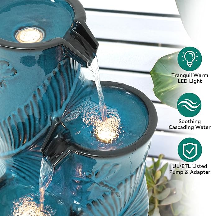 25.5" H Ceramic Outdoor Water Fountain with LED Lights, 3-Tier Bamboo-Style Water Feature with Leaf & Dragonfly Patterns, Soothing Tranquil Waterfall for Garden, Patio & Yard, Teal Blue