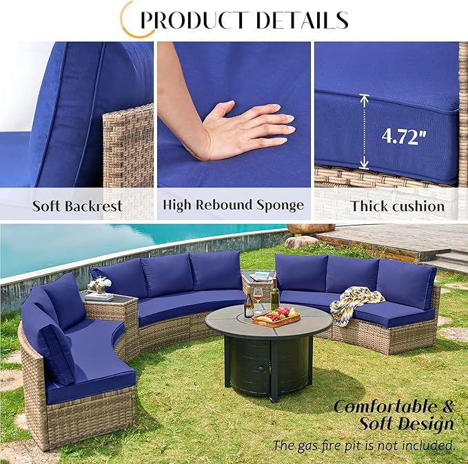 PaPaJet 11-Piece Patio Furniture Set with Large Storage Wedge Table, Half-Moon Wicker Sectional Sofa with Cushions, Waterproof Rattan Outdoor Conversation Set for Beach, Pool, Garden & Balcony, Blue