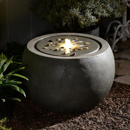 Garden Water Fountain Outdoor - Indoor Large Round Bubbler Water Feature with Lights & Pump and Concrete Effect for Patio Pool Pond Yard Home Decor Gray, 25 "L X 25" W X 17.5" H