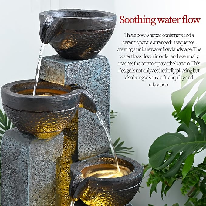 40" Inch Water Fountain Outdoor&Indoor 4-Tiers Large Outdoor Patio Decor Gray Garden Water Fountain for Outside Waterfall with LED Light&Pump Resin Modern Floor-Standing Water Feature Outdoor