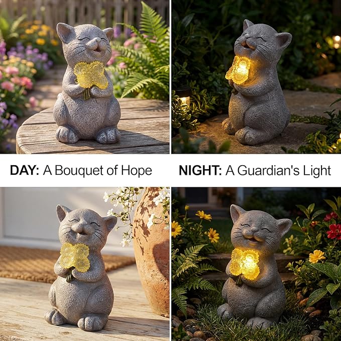 PETAFLOP Solar Cat Garden Statue with LED Sunflower, Healing Emotional Figurine Patio Balcony Yard Lawn Outdoor, Christmas Birthday Housewarming Gifts for Mom Grandma Women Cats Lover
