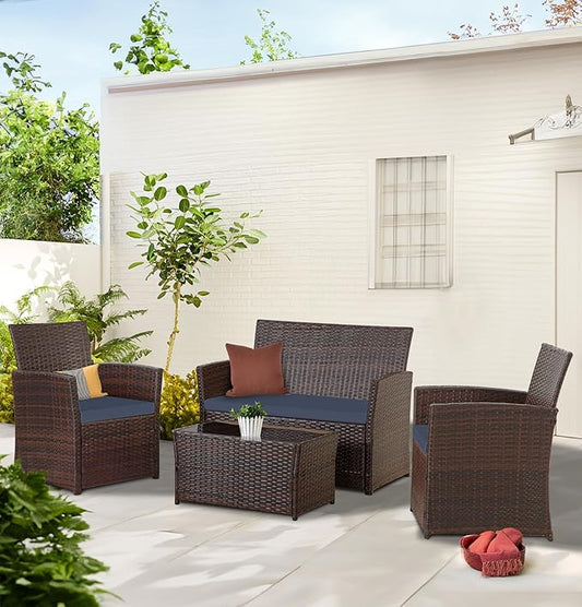 Patio Outdoor Furniture 4 Pieces Sectional Sofa Set Balcony Furniture Wicker Rattan Chairs with Table and Loveseat for Garden, Porch, Backyard, Brown Wicker/Blue Cushion
