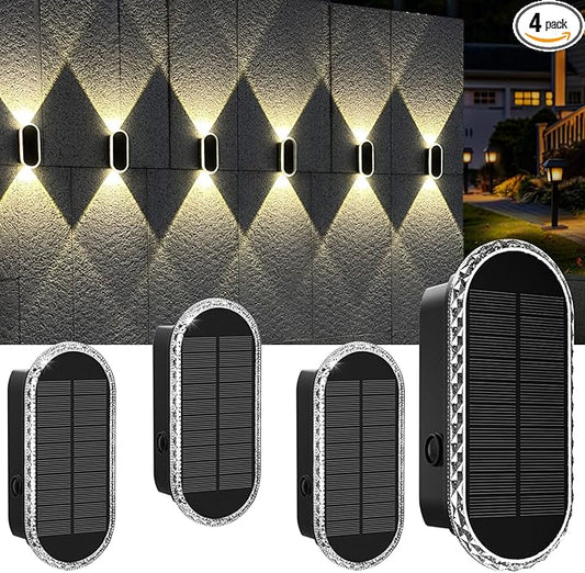 Solar Fence Lights Outdoor, 3000K/4000K/6000K 3 Modes Solar Wall Lights Outdoor Waterproof, Up&Down Dual-Head Outdoor Solar Lights for Yard House Fence Backyard Deck Garden Patio Porch, 4 PK
