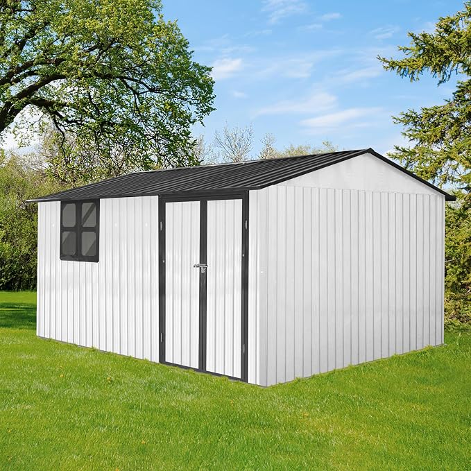 10x12 FT Outdoor Storage Shed, Large Metal Garden Shed with Window & Hinged Door, Upgraded Outside Tool Shed with Foldable Worktable & 2 Shelves, Waterproof Storage Building for Backyard, White+Black by BNSPLY