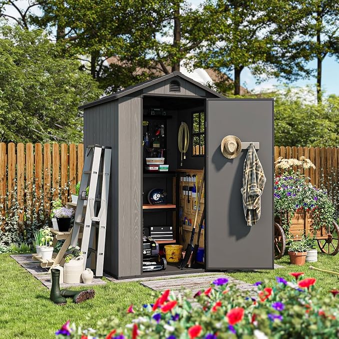 Patiowell 4' x 4' Outdoor Storage Shed with Floor, Plastic Shed Outside Resin Tool Shed with Window and Lockable Door for Backyard Garden Patio Lawn, Dark Grey (Fit-it Shed) - Image 8