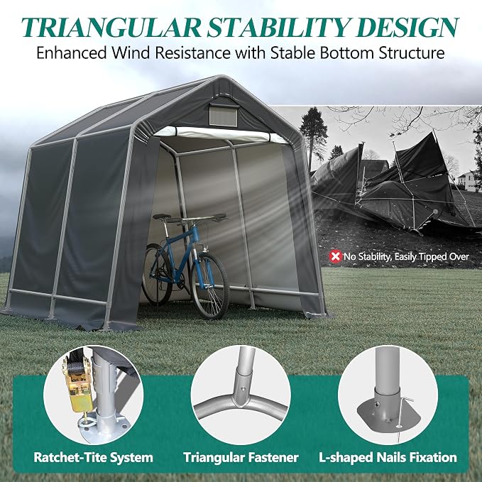 GARTOO 8' x 8' Outdoor Storage Shelter Shed- Heavy Duty Storage Tent with Roll-up Ventilated Windows, Portable Garage Zipper Storage shed for Bike, ATV, Motorcycle Shelter, Gray - Image 5