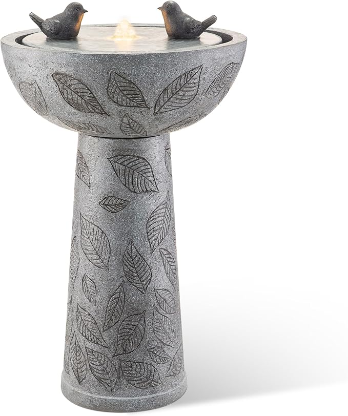 Glitzhome Outdoor Water Fountain with Lights & Pump, Bird Bath Fountain with Birds, 27.5" H Polyresin Floor Waterfall Fountains Water Feature for Garden, Yard, Patio, Home Decor