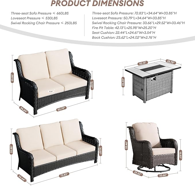 HOOOWOOO Patio Outdoor Furniture with Large Fire Pit Table,High Back 6 Piece Wicker Patio Conversation Set with Swivel Chairs,7 Person Couch Sofa Seating,Beige