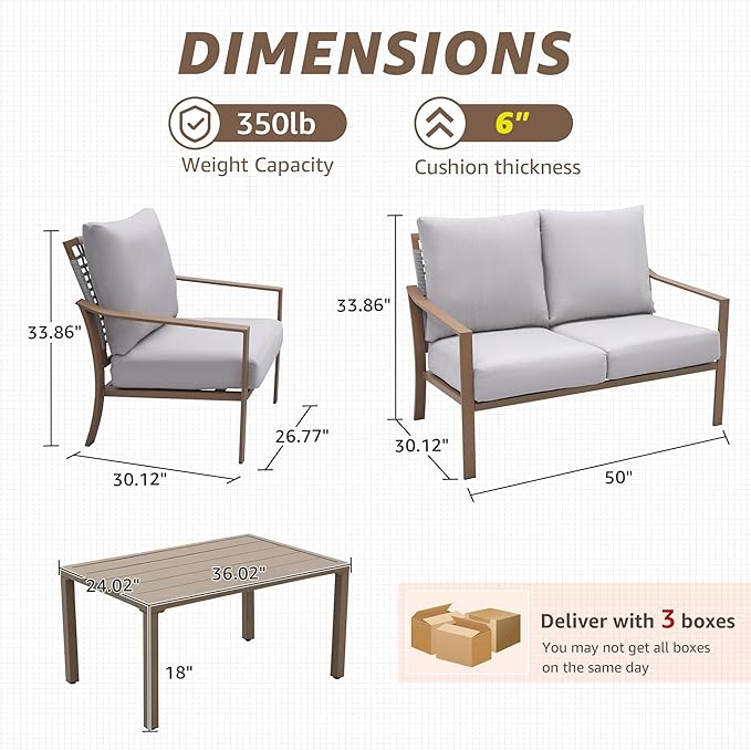 NATURAL EXPRESSIONS 4 Pieces Patio Furniture Sets,Modern Metal Outdoor Conversation Sets with All Weather Hand-Woven Rope Chairs,High Back Frame,Metal Table, 6" Thick Olefin Cushions for Yard,Garden