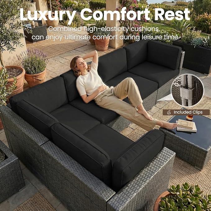 10 Pieces Patio Furniture Set with 44" Propane Gas Fire Pit Table, Outdoor Sectional Wicker Conversation Sofa Sets with Coffee Table