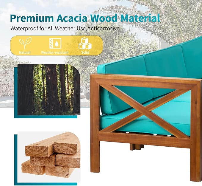 5-Piece Acacia Wood Outdoor Sofa Set Patio Bistro Set Furniture Outdoor Chat Conversation Table Chair Set with Water Resistant Cushions and Coffee Table for Beach Backyard Garden
