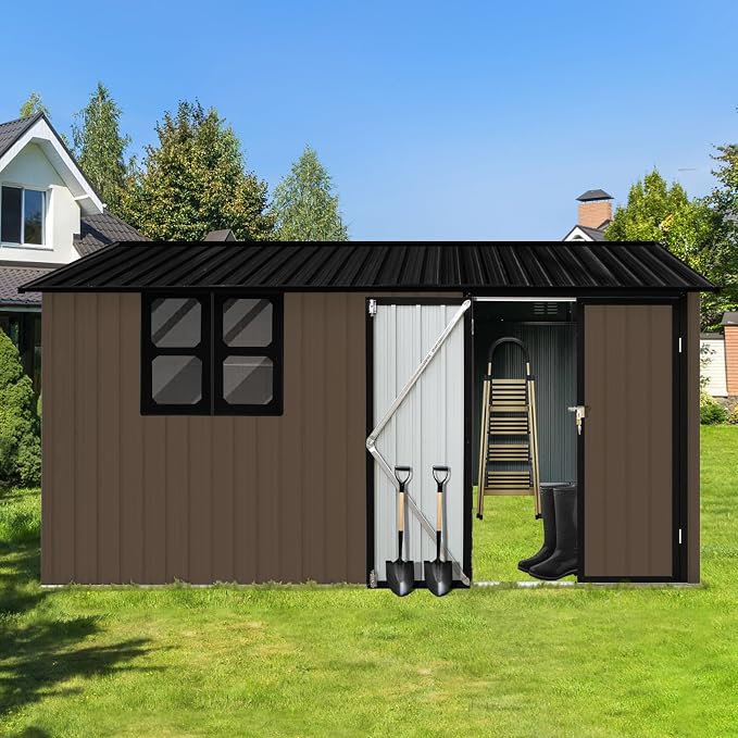10x12 FT Outdoor Storage Shed, Large Metal Garden Shed with 4-pane Window, Outside Tool Shed with Lockable Hinged Door & 4 Air Vents, Waterproof Storage Building for Backyard, Patio, Lawn, Brown+Black - Image 2