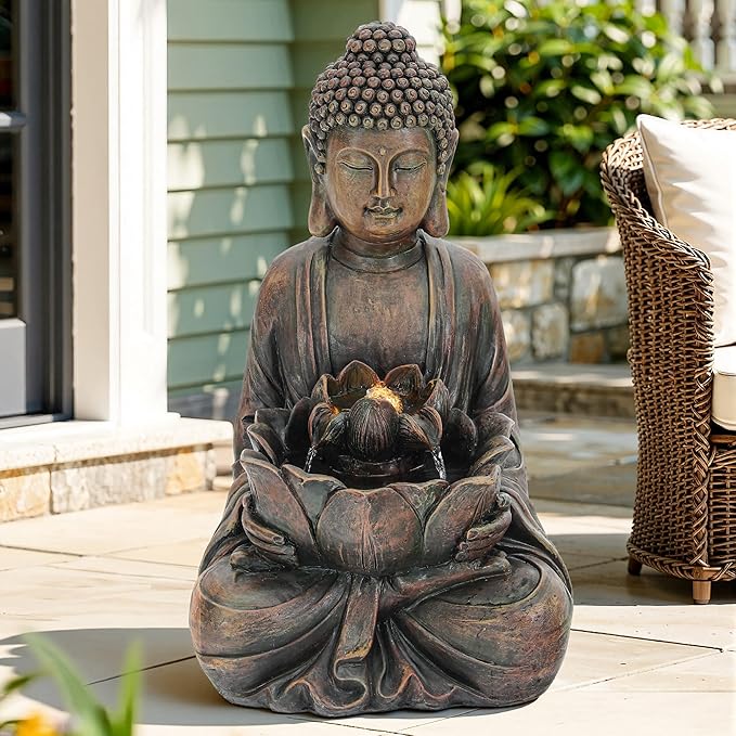 29" Outdoor Fountain, Zen Meditating Buddha Water Feature with LED Lights, Resin Lotus Soothing Cascading Waterfall for Patio, Backyard, Garden or Porch