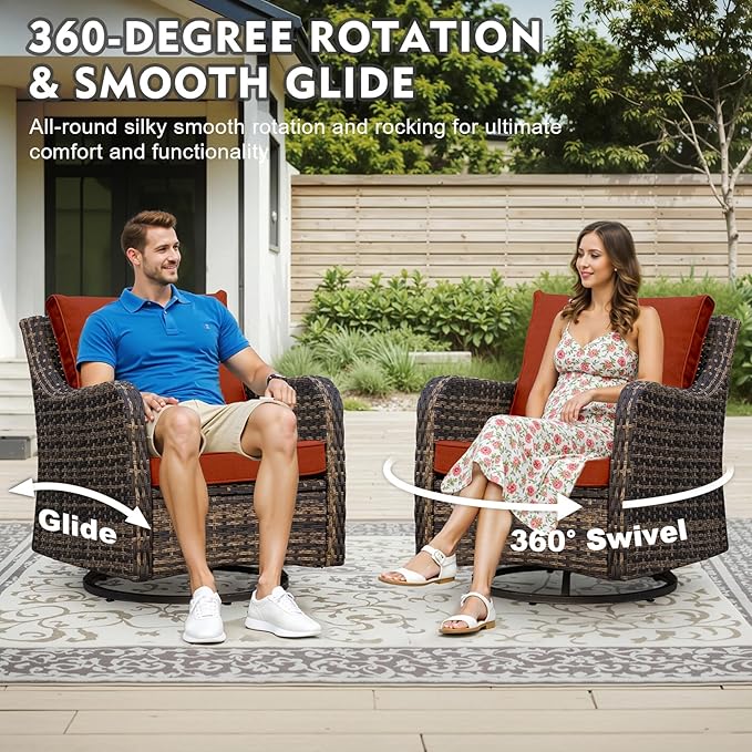 MEISSALIVVE 7 Pieces Outdoor Patio Furniture Set with Swivel Chairs, Wicker Patio Conversation Set, Patio Sectional Furniture Set with with Loveseat, 2 Ottomans and Dining Table (Red)