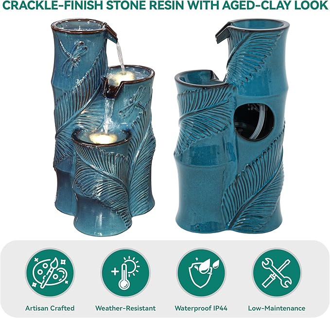 25.5" H Ceramic Outdoor Water Fountain with LED Lights, 3-Tier Bamboo-Style Water Feature with Leaf & Dragonfly Patterns, Soothing Tranquil Waterfall for Garden, Patio & Yard, Teal Blue