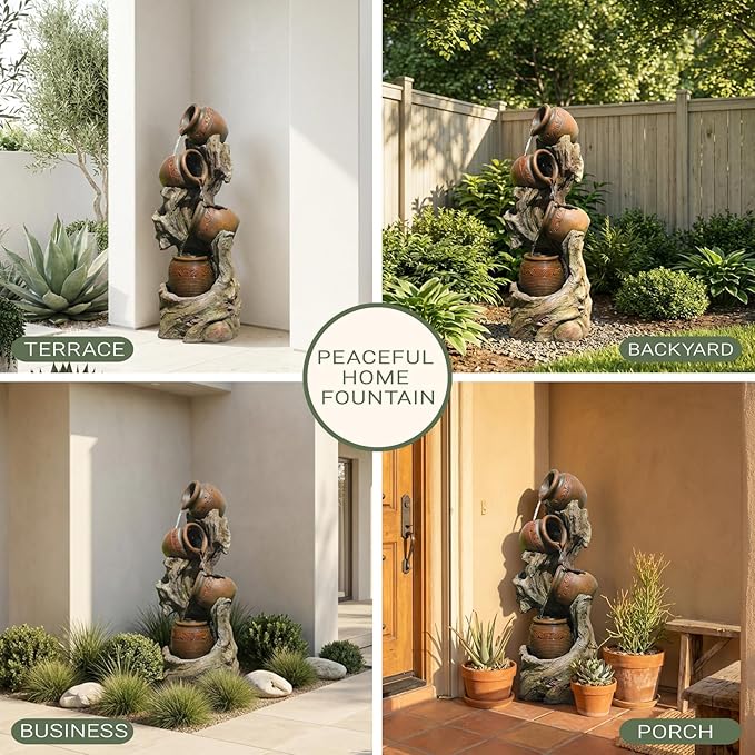 47" H Outdoor Water Fountain with LED Lights, 4-Tier Cascading Water Fountain for Indoor & Outdoor Use, Garden Patio Waterfall Fountain with Rustic Wood-Style Design for Porch, Backyard Décor