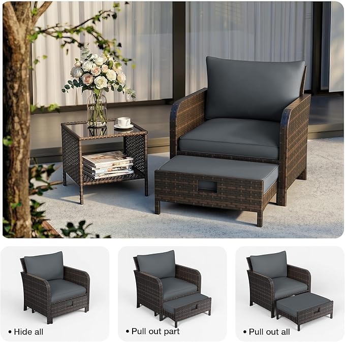 LEVELEVE Patio Conversation Set 5 Piece, Balcony Furniture Outdoor PE Rattan Wicker Lounge Chairs with Soft Cushions, 2 Ottomans & Glass Table for Porch Lawn, Brown (Dark Grey Cushions