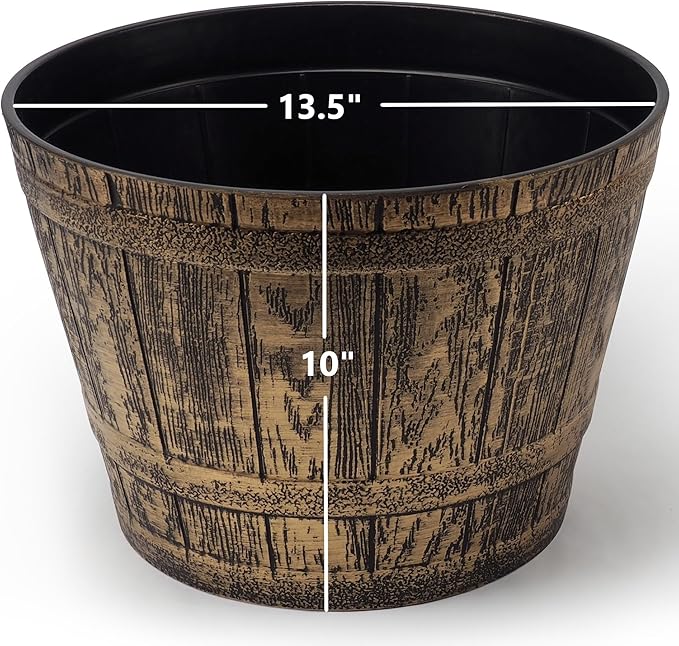 Set of 2 Plastic Whiskey Barrels Rustic Look (2 planters + 2 Matching Saucers) French Country Style Flowerpot Indoor Outdoor Garden Patio Office Home Decor Use Reusable Light Weight (Gold)
