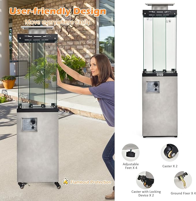 Tangkula 41,000 BTU Propane Patio Heater with Waterproof Cover, Outdoor Heater with Lockable Wheels, Adjustable Feet, Tempered Glass Tube, Suitable for Garden Porch Patio Deck