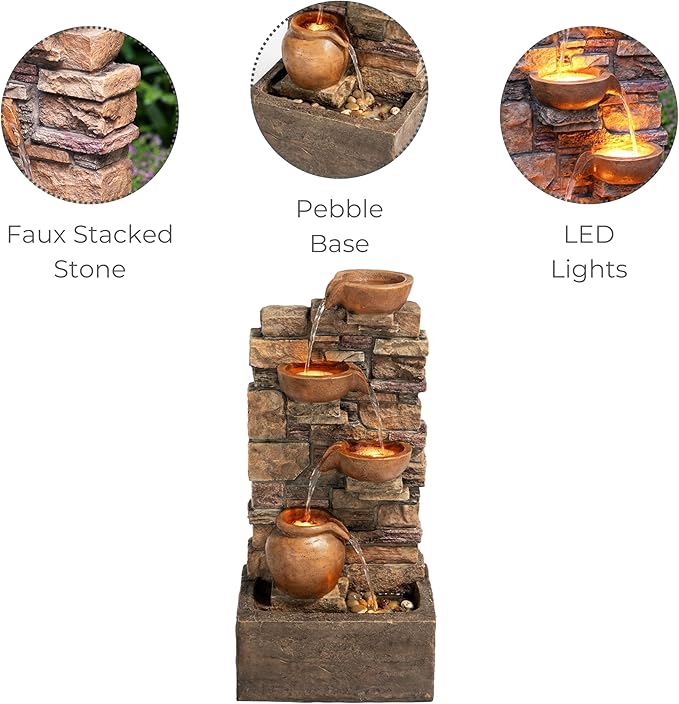 Teamson Home 28.5" Outdoor 4-Tier Stacked Stone Cascading Water Fountain with LED Lights, Brown