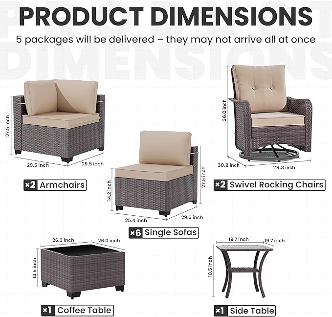 12 Pieces Outdoor Patio Furniture Set,Outdoor Sectional Furniture All Weather PE Rattan Wicker Patio Conversation Set with Coffee Table,Swivel Rocking Chairs Set,Sand