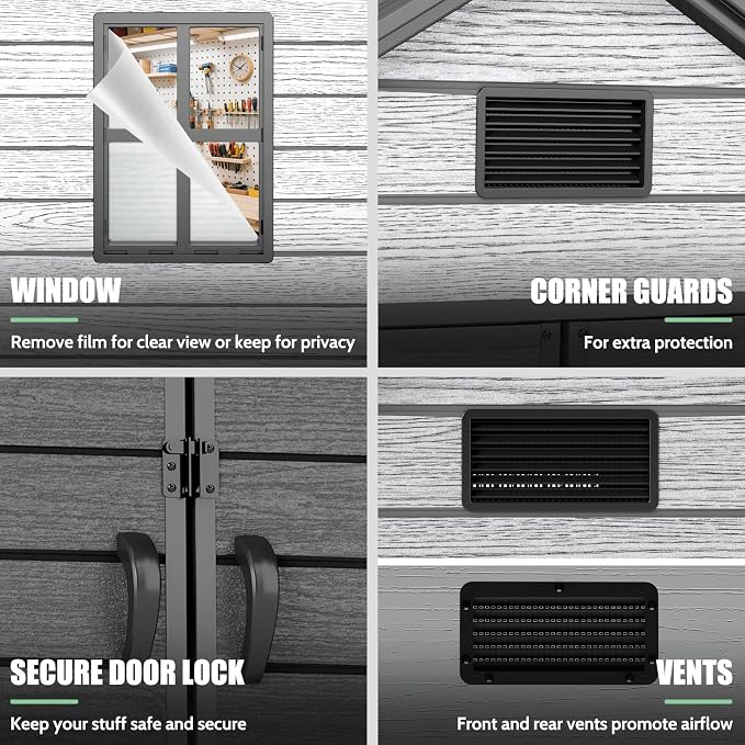 EHHLY Outdoor Storage Shed 6x4.4 FT, Resin Shed with Floor, Window & Vents, Waterproof Plastic Shed with Lockable Door for Backyard, Patio, Lawn, Gray - Image 4