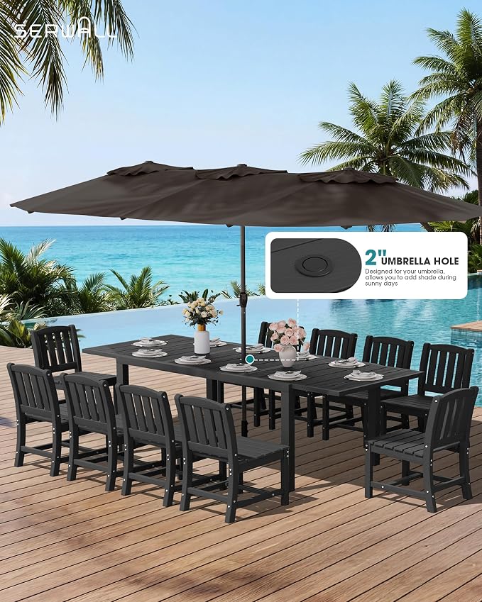 SERWALL 10-Piece Patio Dining Sets with 15FT Patio Umbrella, 60" - 83" Expandable Outdoor Dining Table and 8 HDPE Chairs, Aluminum Frame Table with HDPE Tabletop, Black (Umbreall Base not Included) - Image 2