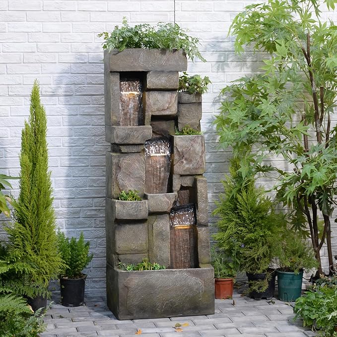 Garden Water Fountains Outdoor Floor Standing, 3 Tier Rock Waterfall Fountain with LED Lights and Pump for Garden, Patio, Backyard, Deck, Porch and Home Art Deco, 56.3" Very Tall