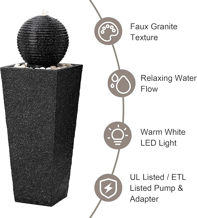 Glitzhome Outdoor Water Fountain with LED Light, Oversized Decorative Black Pedestal Water Fountains with Submersible Pump, Modern Sphere Floor Fountain with Pebbles for Garden Patio Decor, 40.25" H