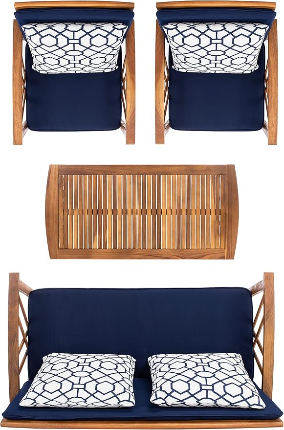 SAFAVIEH Outdoor Collection Fontana Natural/ Navy Blue Cushions/ Geometric Pattern Pillows 4-Piece Conversation Patio Set
