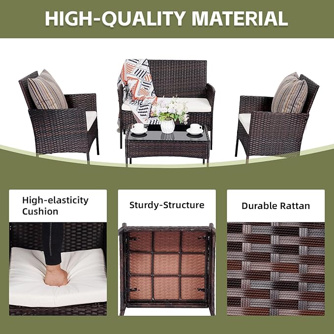 Patio Furniture Set 4 Pieces, Outdoor Rattan Furniture with Tempered Glass Coffee Table, Modern Rattan Patio Chairs Conversation Sets with Sofa for Garden, Terrace, Porch, Lawns Brown/Beige