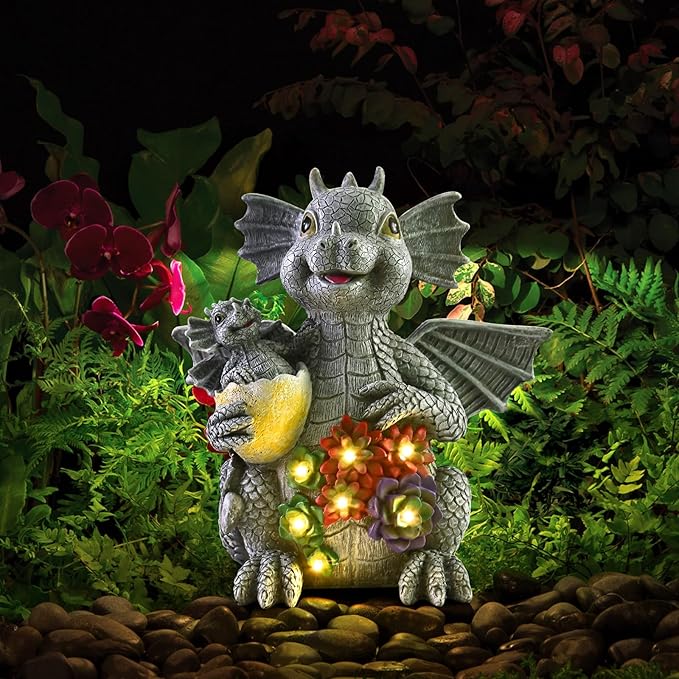 UZER Dinosaur Garden Dragon Statue Outdoor Decor for Patio, Cute Dinosaur Figurine with Solar Light, Yard Art Decoration Resin Ornament for Indoor Home Outdoor Patio Lawn,Birthday Gifts for Mom