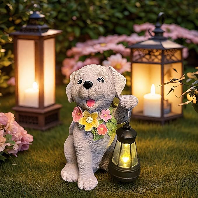 Dog Solar Light, Solar Dogs Statues Outdoor with Lantern, Cute Dogs Garden Figurines for Patio and Yard Decor, Gardening Gifts for Mom, Grandma, Dog Lovers