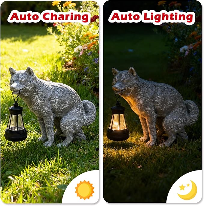 Discreet Wolf Garden Statue - The Loyal Guardian's Surprise Solar Lantern - Unique Dog Resin Figurine for Lawn Patio Yard - Funny Gag Gift for Gardeners - Birthday Gifts for Grandma Mom Women