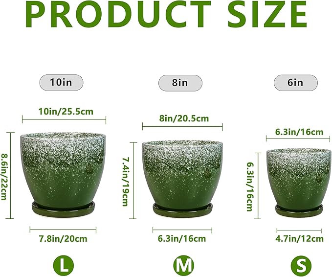 Ceramic Planters 3 Pack - 10 Inch 8 Inch 6 Inch Plant Pots for Indoor Outdoor, Round Decorative Flower Pots with Drainage Holes and Saucers, Garden Home Decor, Gift for Women Men, Green