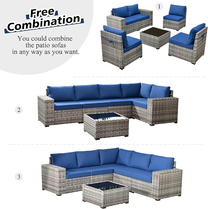 HOOOWOOO 10 Piece Modular Patio Outdoor Sectional Furniture Set with Gas Propane Fire Pit Table,Wicker Conversation Sofa Set with Swivel Chairs,Outside Couch Set(Navy Blue)