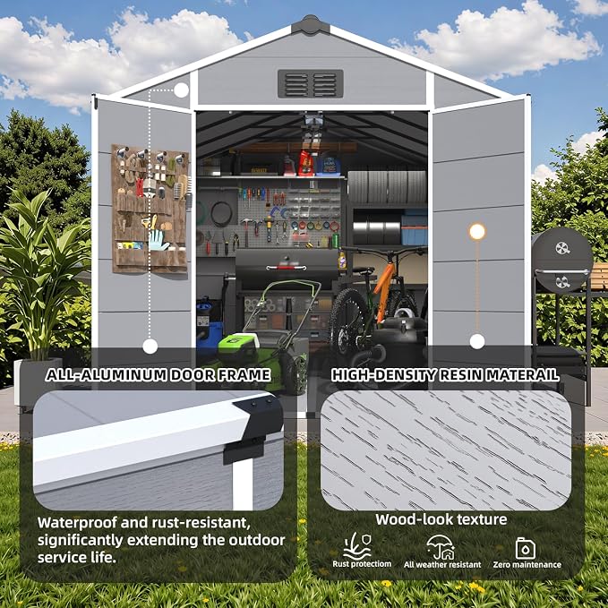 MELLCOM 8 x 12 FT Plastic Outdoor Storage Shed with Floor, Outdoor Resin Storage Tool Shed with Windows and Lockable Door, Resin Garden Shed for Lawnmower, Bike, Garbage Can - Image 6