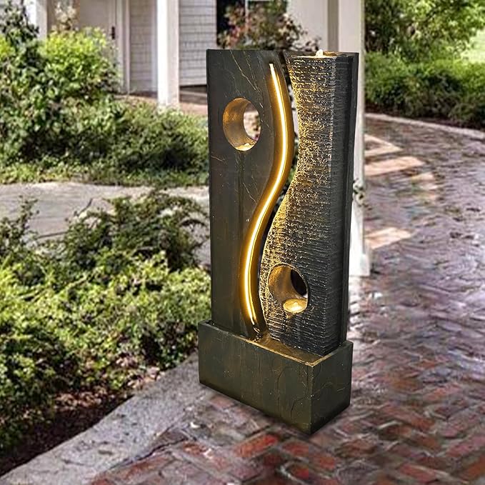 47 inches Water Fountain Outdoor Garden - Waterfall Indoor Modern Large Freestanding Water Feature Fountains Faux Rust Finish with LED Lights for Patio Yard Pool Home Decor