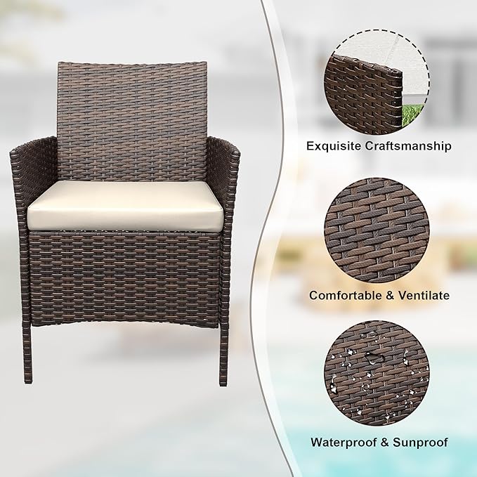 3 Piece Patio Furniture Set, Outdoor Patio Wicker Sofa Set with Upholstery and Glass Storage Coffee Table, All Weather Conversation Rattan Set for Garden, Porch, Lawn, Pool, Brown