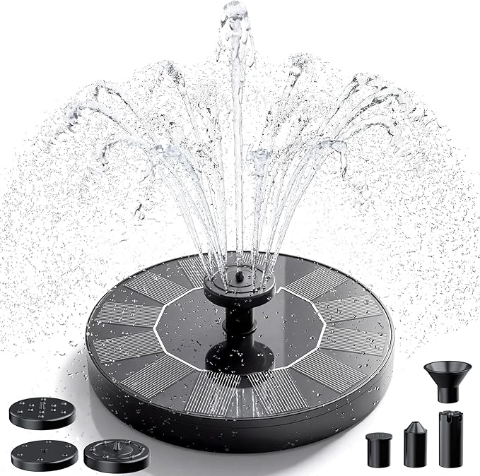 AMZtime Solar Fountain, 2025 Upgraded Solar Water Fountains with 6 Nozzles, Free Standing Floating Solar Powered Water Fountain Pump for Bird Bath, Garden, Pool, Pond and Outdoor