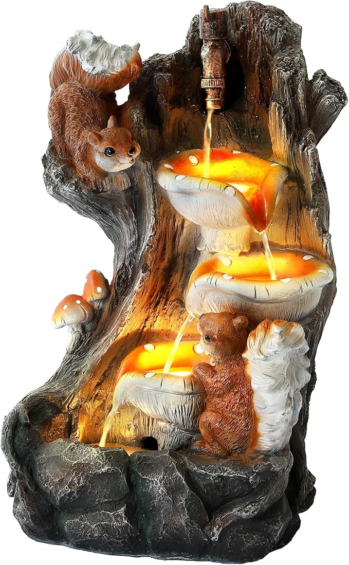 Outdoor Garden Water Fountain with Cascading Rock, 4-Tiers Fountains and Waterfalls with LED Lights,Indoor/Outdoor Morden Floor Standing Water Feature w/2 Squirrel Decor for Patio, Backyard