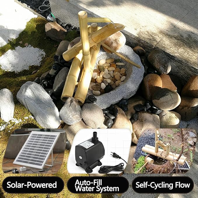 Bamboo Fountain with Pump & Solar Powered，Traditional Japanese Rocking Fountains Kit,Handmade Bamboo Water Fountain for Indoor Outdoor Backyard