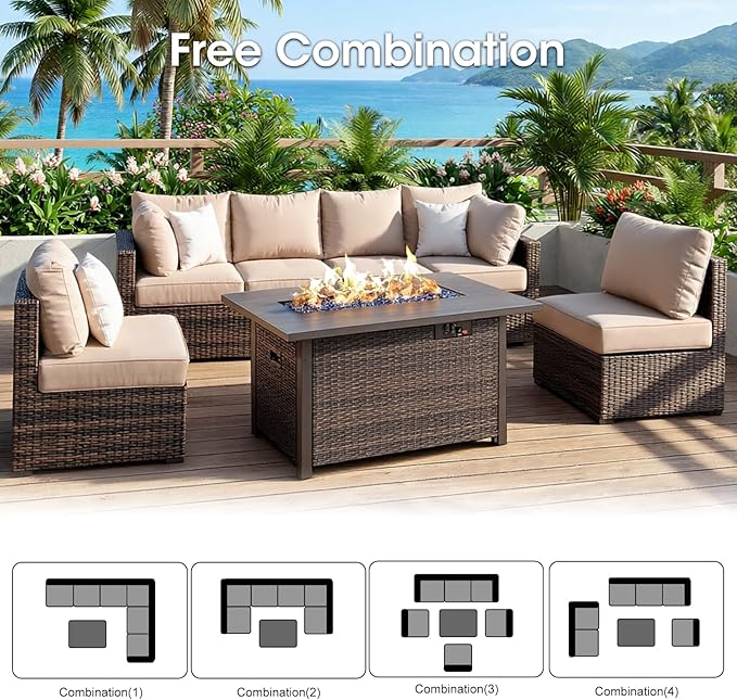 Grezone 7 Piece Patio Furniture Set with 44" Fire Pit Table, Outdoor Sectional Couch, PE Rattan Patio Conversation Sets with 4inch Cushions for Backyard Beige