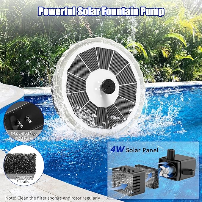 SZMP Solar Fountain, Upgrade 4W Solar Bird Bath Pump with 4000mAh Battery, Color LED Lights, Outdoor Solar Powered Water Fountain Pump with 7 Nozzles and 4 Fixers for Garden (Multi-Color)