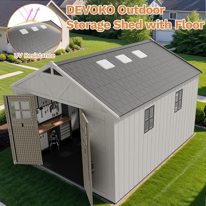 Devoko 10x12 FT Resin Outdoor Storage Shed with Floor, Large Plastic Garden Shed with Windows & Lockable Door, Multipurpose Tool Storage Shed for Patio Backyard Lawn, Beige - Image 3