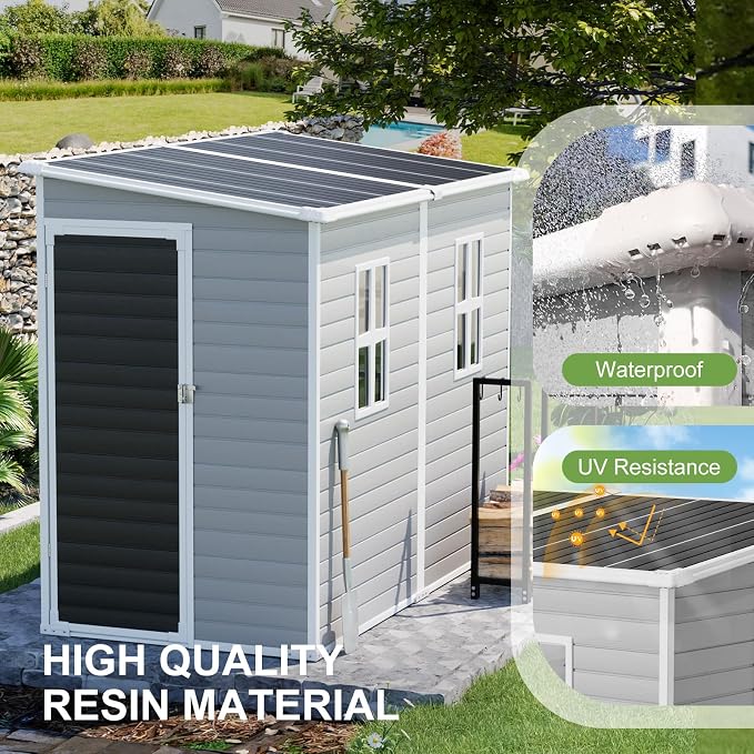 8x4x6 FT Resin Lean to Shed, Waterproof Outdoor Storage Shed with Floor, Window, Lockable Door & 2 Windows, Tool Shed for Patio Garden, Lawn, Backyard, Dove Grey - Image 5